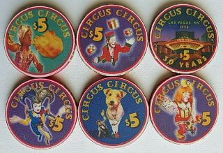 $5 Circus Circus " 30th Anniversary " Set Of 6 - Las Vegas Casino Chips