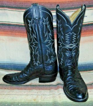 Mens Vintage Tony Lama Black Fq Ostrich Leather Cowboy Boots 7.  5 D Very Good Con