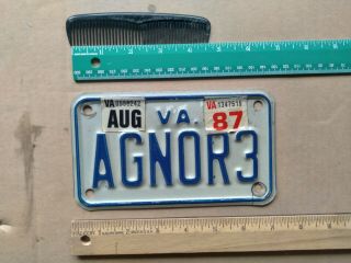 License Plate,  Virginia,  1987,  Motorcycle,  Vanity: Agnor 3,  Agriculture Norway,