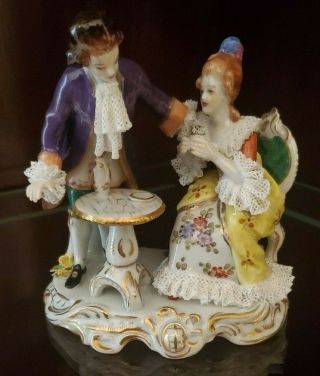 Vtg Aelteste Volkstedter Dresden Porcelain Lace Figurine Man & Woman Having Tea