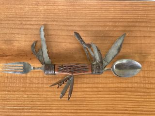 Vintage Camp Knife Multi Tool W/ Spoon And Fork 11 Tools Boy Scout Japan