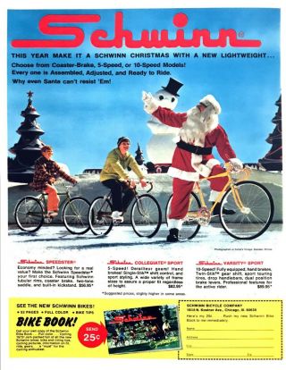 1972 Schwinn Speedster Collegiate Varsity Sport Bicycle Santa Clause Print Ad