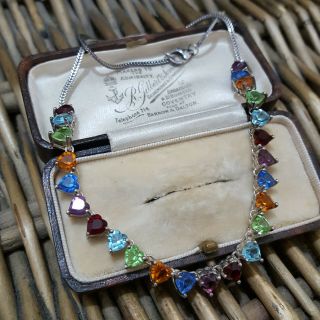 Vintage Lenox Sterling Silver Necklace,  Multicoloured Paste,  Heart Cut,  16 "