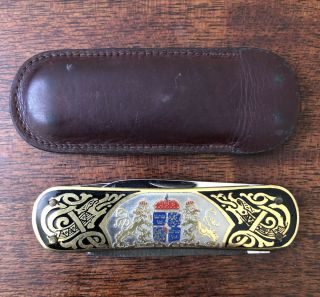 Vintage Eka Sweden Coat Of Arms Enamel 3 Blade Gents Folding Pocket Knife W/case