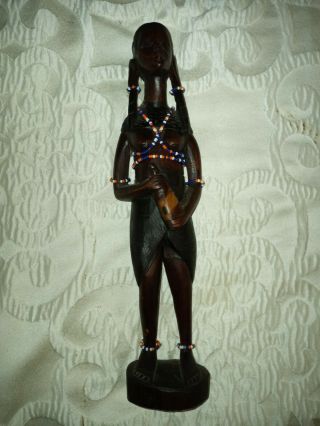 Vintage African Hand Carved Ebony Wood Statue Figurine Beaded Woman 12 "