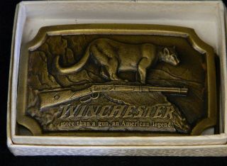 498 J - - Buckle Belt Winchester Rifle 1976 Collectible Indiana Metal Craft