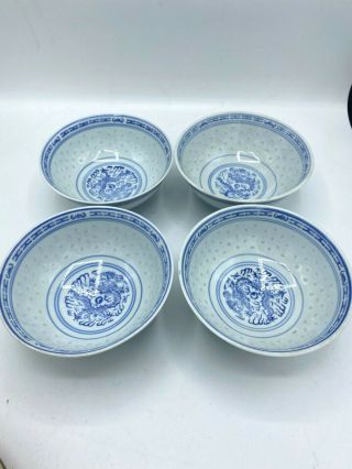 Chinese Rice Eye Pattern Blue & White Dragon Cereal Bowls 6 " Set Of 4