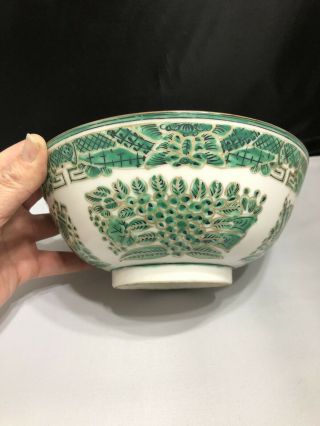 Vintage Chinese Porcelain Bowl Hand Painted Green Gold Decorated In Hong Kong
