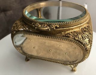 Vintage Gold Tone Filigree Crystal Glass Jewelry Casket Vanity Box Velvet