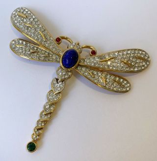 Huge Vintage Attwood & Sawyer (a&s) Gold Tone & Crystal Dragonfly Brooch Pin