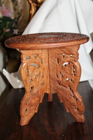 Vintage Hand Carved Small Wooden Table/plant Stand - Inlaid - Hand Made - Folding