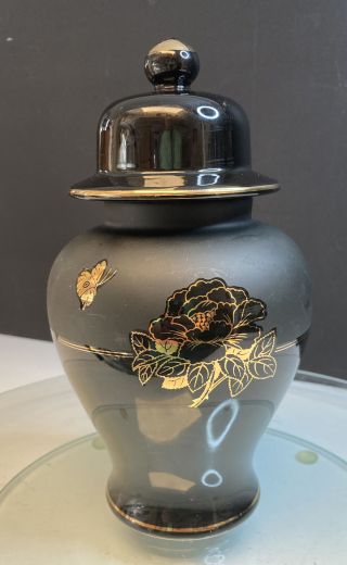 Black Oriental Ginger Jar Urn Rose Butterfly Gold Accents Japan Half Matt Black