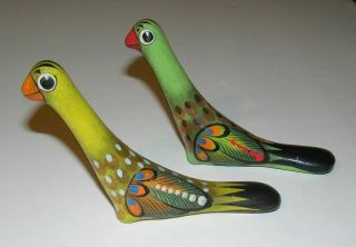 2 Vintage Green Yellow Tonala Mexico Pottery Long Neck Birds Signed Nacho 4.  5 "