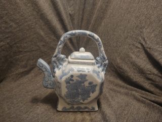 Vintage Chinese Porcelain Blue And White Octagonal Floral Teapot