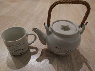 Vtg Otagiri Japanese Teapot And Mug Stoneware Teapot Rattan Handle Seagulls
