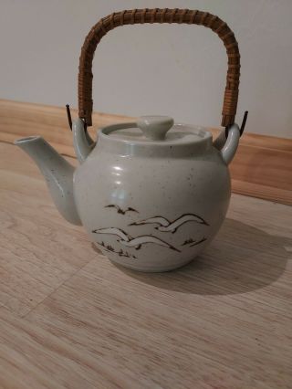 Vtg Otagiri Japanese Teapot and mug Stoneware Teapot Rattan Handle Seagulls 2