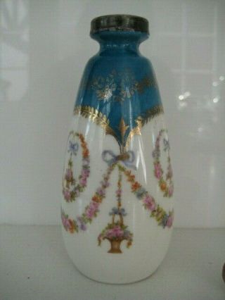 Vintage Miniature Vienna? China Miniature Bud Vase Ribbon Bow Swag Silver Rimmed