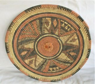 Vintage African Tribal Hand Woven Grass Flat 14” Round Wall Art Basket