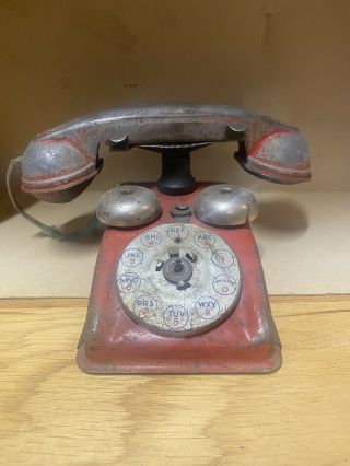 Vintage Old Antique Red Metal Childs Rotary Dial Telephone Phone W Bell