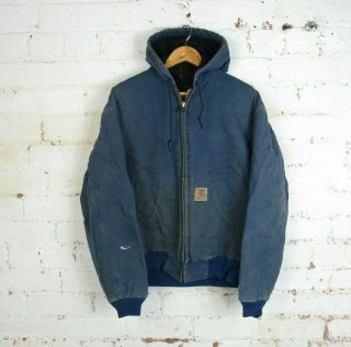 Vtg Mens Carhartt Faded Blue Quilt Lined Hood Usa Workwear Chore Jacket | Large