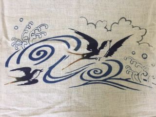 Set Of 3 Vtg Japanese Tenugui Furoshiki Blue Wave Flying Swallow Tea Towel