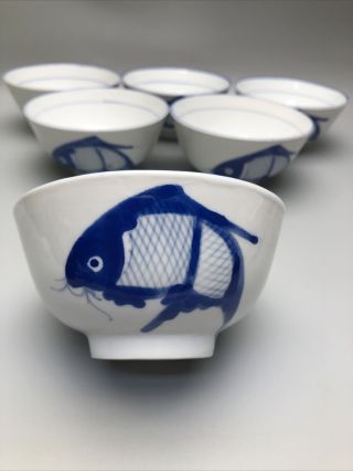 Set Of 6 Asian Hand Painted Blue Koi Carp Fish 4.  5 " Bowls - Made In China