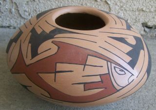 Mata Ortiz Casas Grandes Clay Orange Pot With Geometric Pattern,  Flat 1,  Mexico