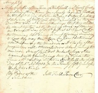 French & Indian War Era Northfield Hampshire Town Meeting Rare 1751 Document