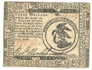 Revolutionary War Rare United Colonies $3.  00 Continental Currency Note 1776