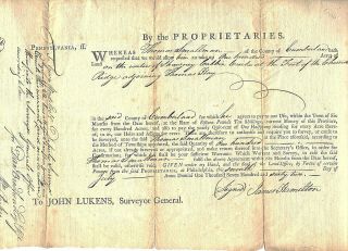 Pennsylvania Land Grant 1762 Signed Governor James Hamilton French & Indian War