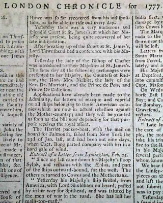 REVOLUTIONARY WAR ERA Enemy LONDON Chronicle England Old 1777 Newspaper 2