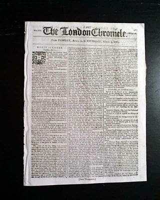 REVOLUTIONARY WAR ERA Enemy LONDON Chronicle England Old 1783 Newspaper 3