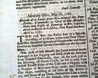 Caribbean Naval Battles Sea Islands Revolutionary War 1780 British Newspaper