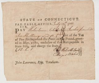 1782 Oliver Wolcott Jr.  Revolutionary War Document Connecticut Pay Order