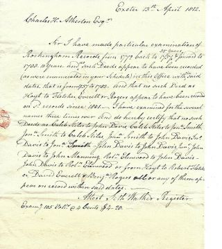 Revolutionary War Exeter Hampshire Seth Walker Autograph Letter 1812