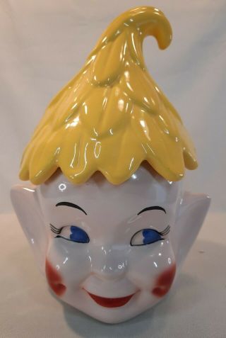 ☆ Vintage Elf Pixie Yellow Hat Dimples Cookie Jar/canister Glazed Cond