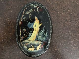 Hand Painted Signed Oval Russian Lacquer Trinket Box Russian Lady In Forest