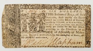 1774 Maryland British Colonial Currency 1st Six Dollar $6 Revolutionary War Note