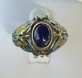Perfect Vintage Chinese Export Lapis Butterfly Enamel Sterling Silver Ring Sz 7