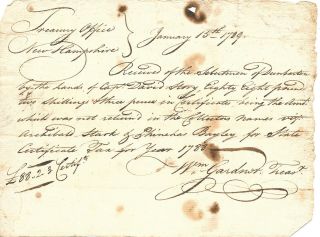 Hampshire Reolutionary War William Gardner 1789 Sgd Receipt For 1787 Taxes