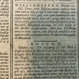1767 REVOLUTIONARY WAR newspaper PATRIOT COUNTERFEITER WILLIAM DEPRIEST ARREST 2