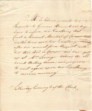 1783,  Count De Viomenil,  French Consul,  Seeks Talks With Governor John Hancock﻿