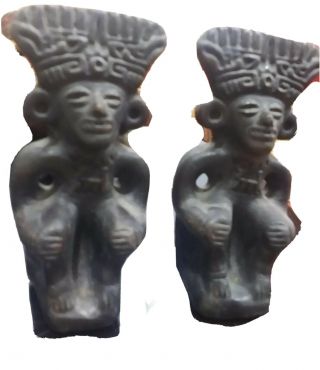 Black Clay Precolumbian Aztec Maya Toltec Seated Gods Book Ends Figures