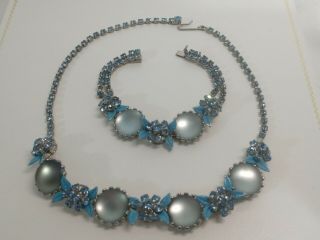 Vintage Weiss Rhinestone Moonstone Enamel Necklace & Bracelet Set Signed Rare