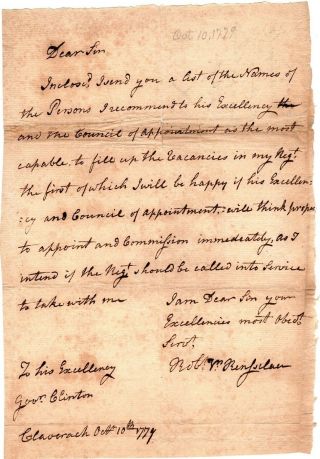 1779,  General Robert Van Rennselaer,  Letter To Gov.  Clinton,  Regarding Officers