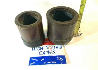 Vintage 2 Large Thick Heavy Brown Stitched Ribbed Leather Dice Cup W/ 5 Dice B1