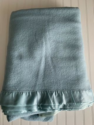 Vintage Faribo Wool Blanket W Satin Trim Light Blue F/q 84 X 86