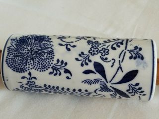 Vintage Rare Blue Onion Ceramic Germany Rolling Pin Wooden Handles