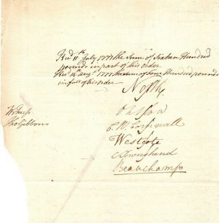 1777,  Lord North,  Hand Signed Treasury Bill,  Townshend,  Westcote,  Others Signed