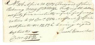 Revolutionary War Chaplain Israel Evans Signed Receipt Payment For Forage 1783